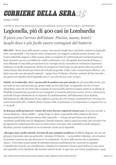 Legionella, più di 400 casi in Lombardia